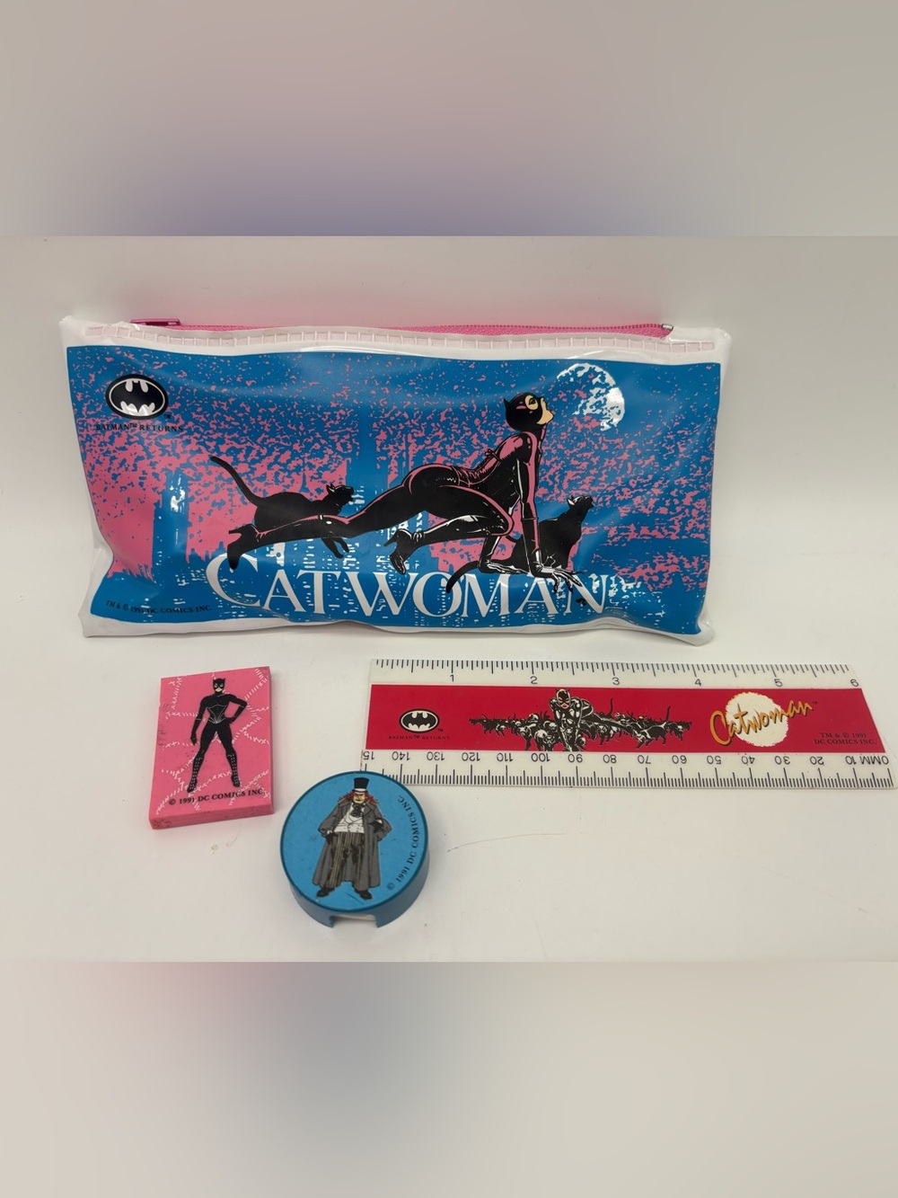 Vintage Catwoman Batman Returns Pencil Bag & Ruler Set 1991 Stationary Like New